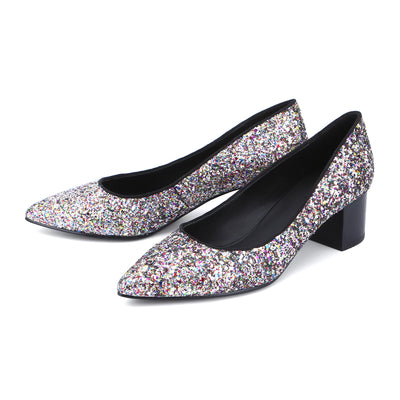 GLAMOROUS  Glitter Pointed Toe 5CM Chunk High Heels